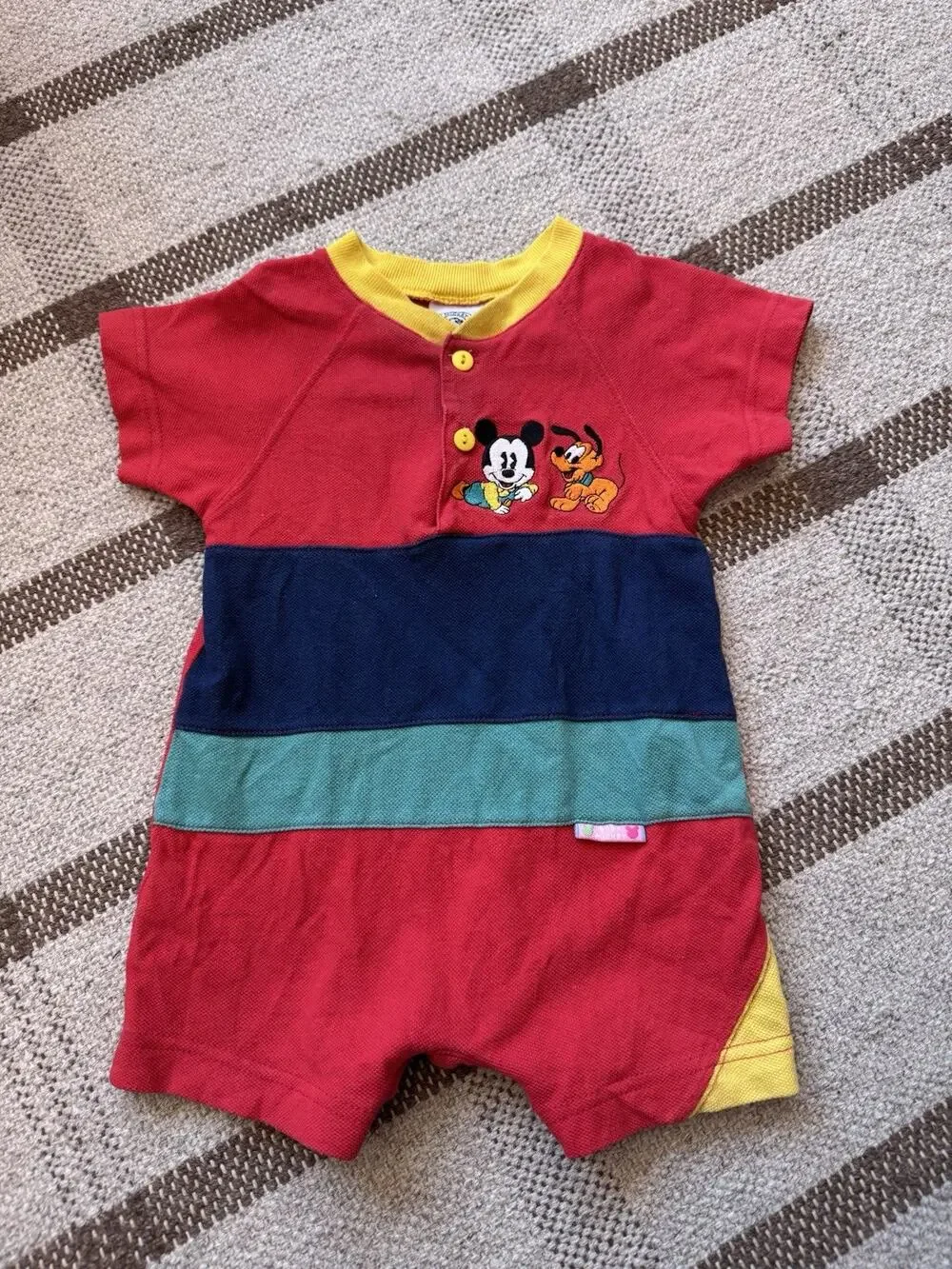 Vintage Disney Baby Mickey Shorts Romper Colorblock 6-9 Month Red Blue